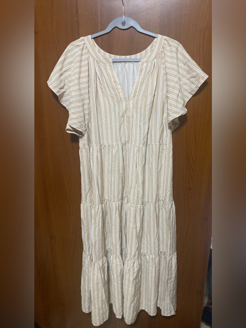 Emma & Michele Beige and White Striped Tiered Maxi Dress